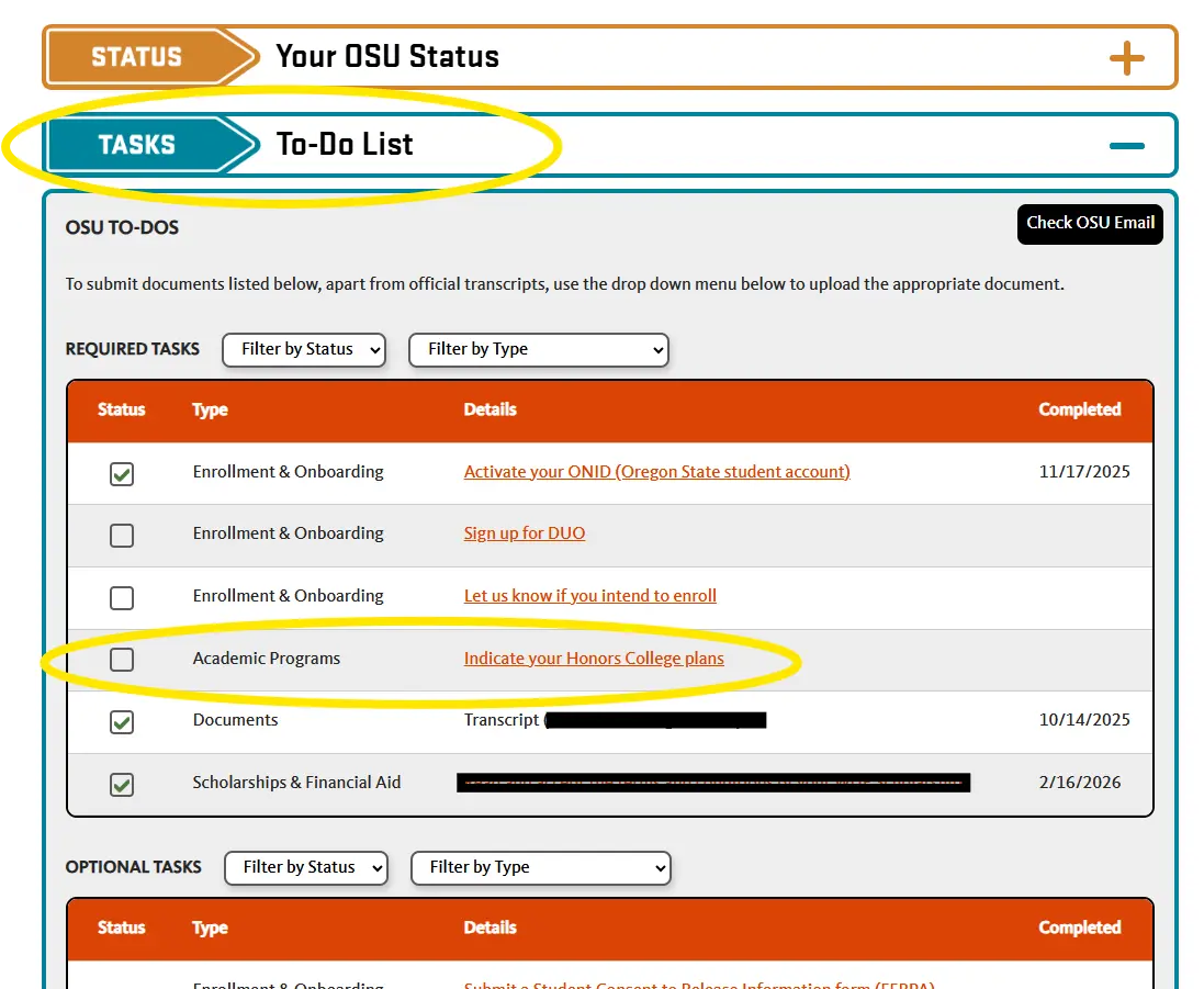 Beaver Basecamp To‑Do List page with the ‘Indicate your Honors College plans’ task highlighted.