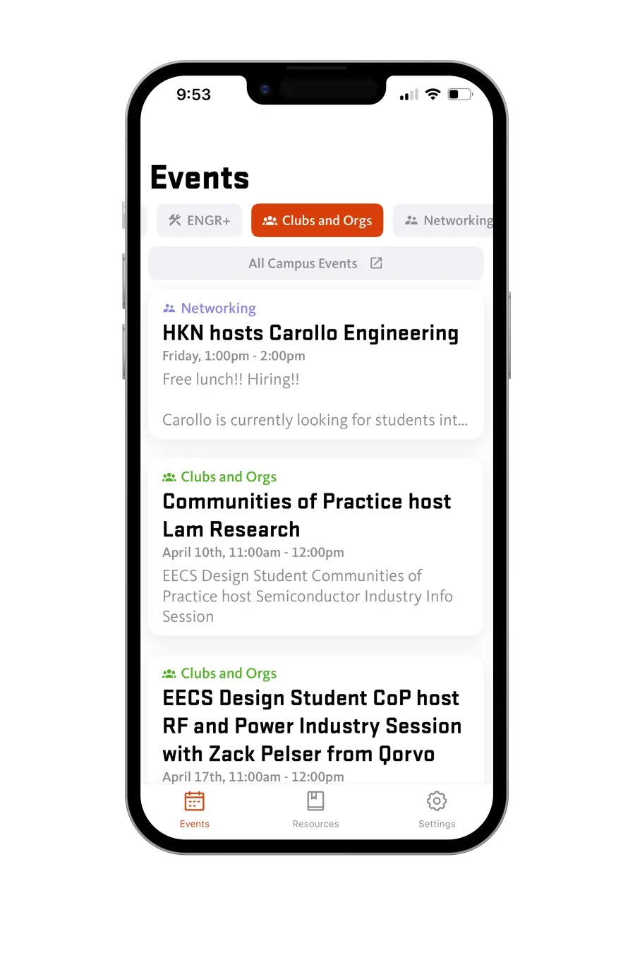 Mockup image of the app featuring the clubs tab.