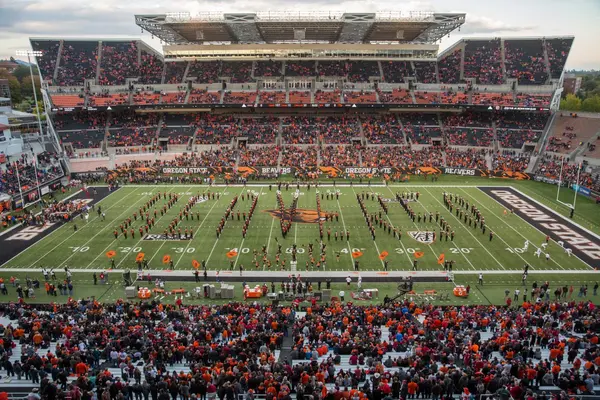 The Oregon State marching band performs at an OSU football game